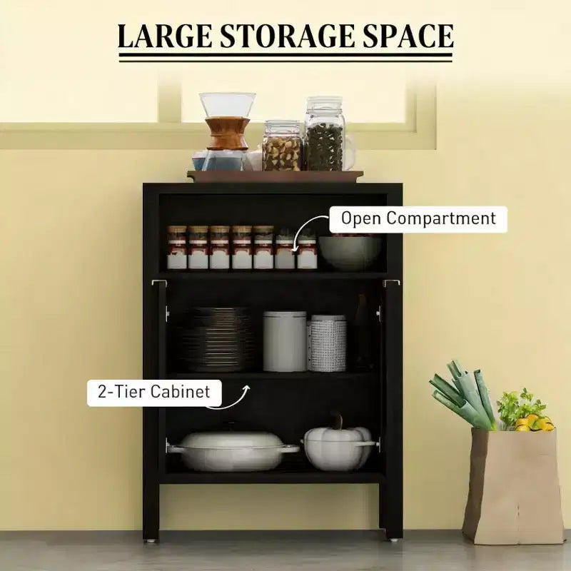 Credenza a buffet con anta in rattan nero anticato/naturale, assemblaggio per 1 persona