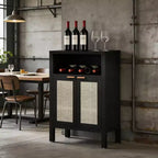 Credenza a buffet con anta in rattan nero anticato/naturale, assemblaggio per 1 persona