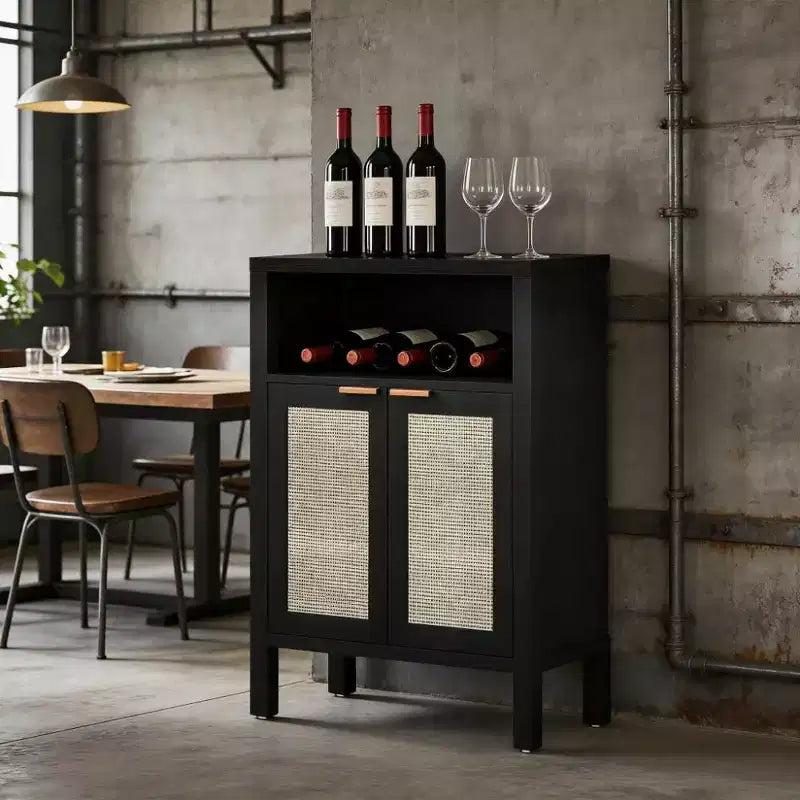 Credenza a buffet con anta in rattan nero anticato/naturale, assemblaggio per 1 persona