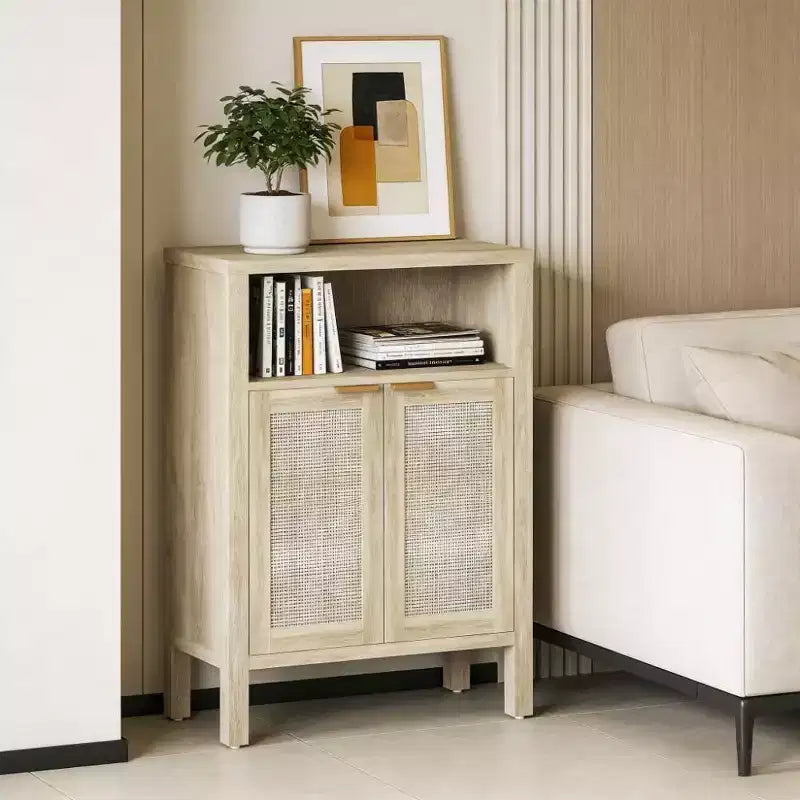 Credenza a buffet con anta in rattan nero anticato/naturale, assemblaggio per 1 persona