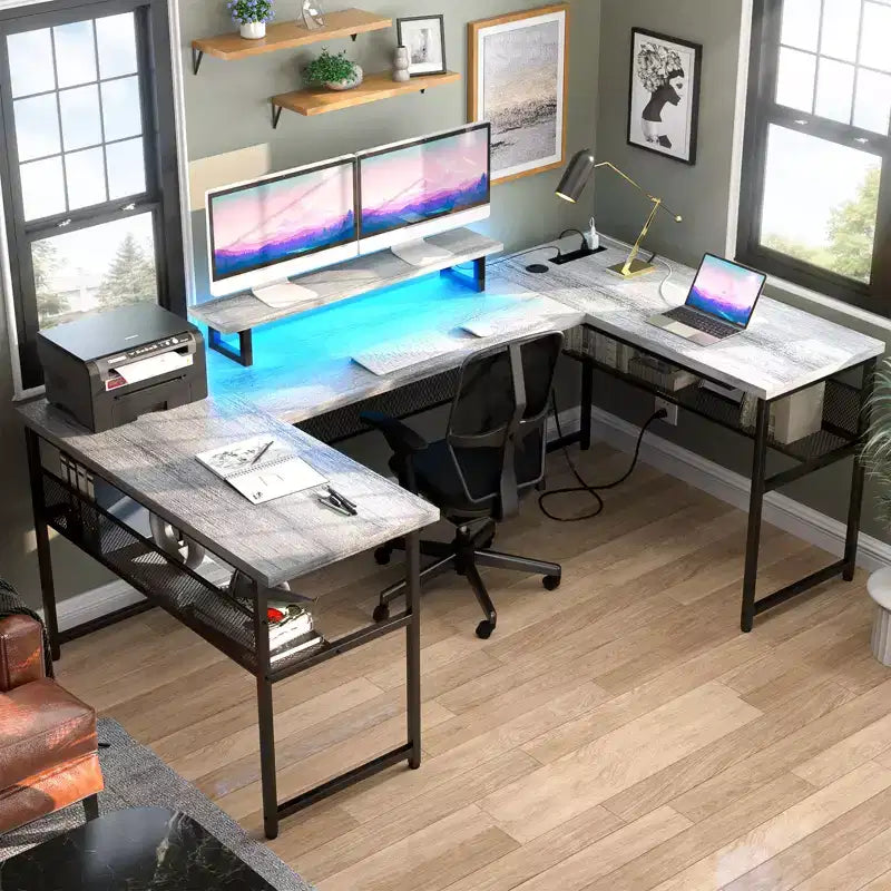 Besiost 83'' U-Shaped Computer Desk with Power Outlets & Led Lights, Reversible Corner L-Shaped