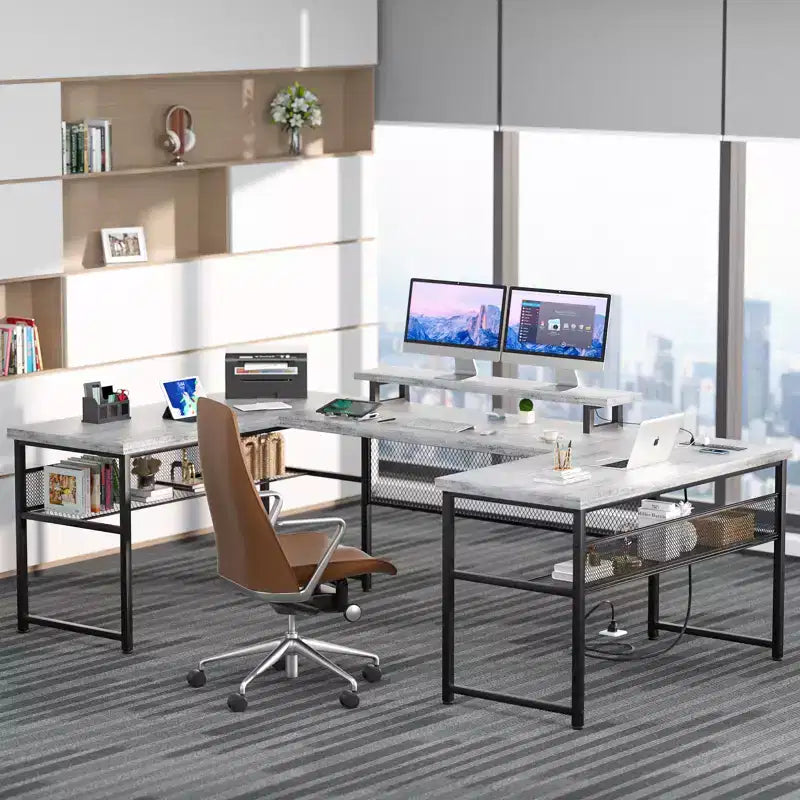 Scrivania per computer nera a forma di U/L con luci LED e prese di corrente, per 1 persona