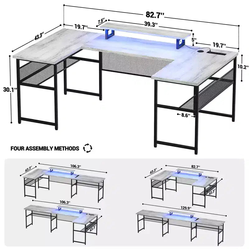 Scrivania per computer nera a forma di U/L con luci LED e prese di corrente, per 1 persona