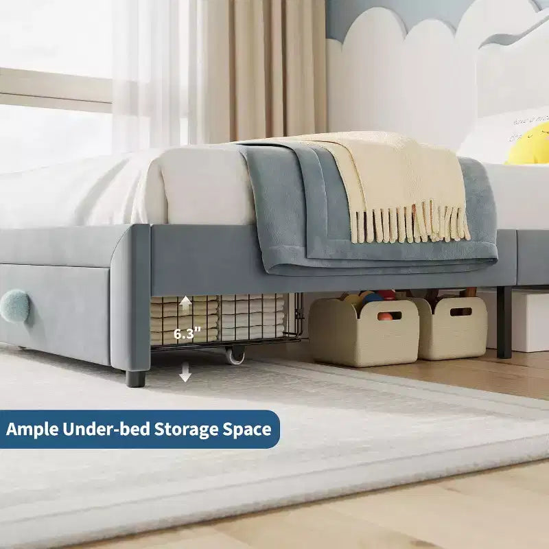 Telaio letto singolo imbottito con cassetto contenitore e testiera | Beige / Blu / Rosa | Per 1