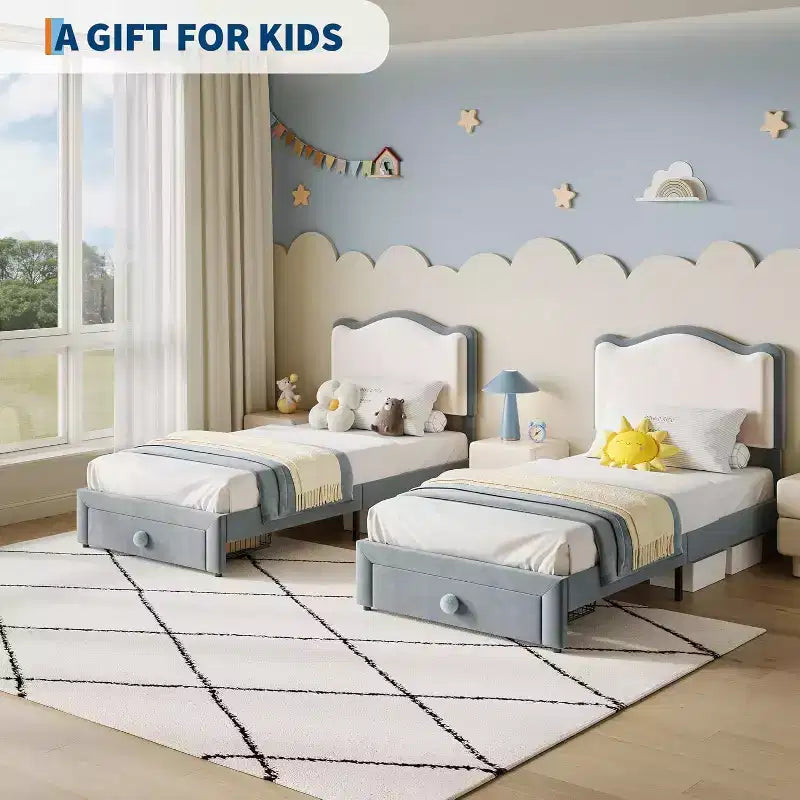 Telaio letto singolo imbottito con cassetto contenitore e testiera | Beige / Blu / Rosa | Per 1