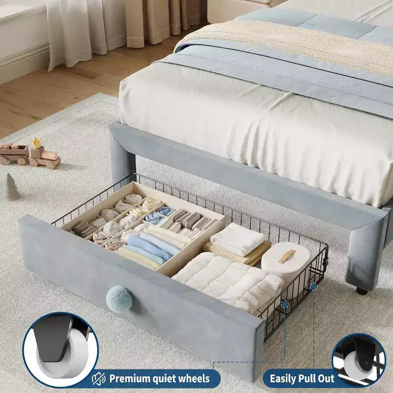 Telaio letto singolo imbottito con cassetto contenitore e testiera | Beige / Blu / Rosa | Per 1