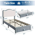 Telaio letto singolo imbottito con cassetto contenitore e testiera | Beige / Blu / Rosa | Per 1