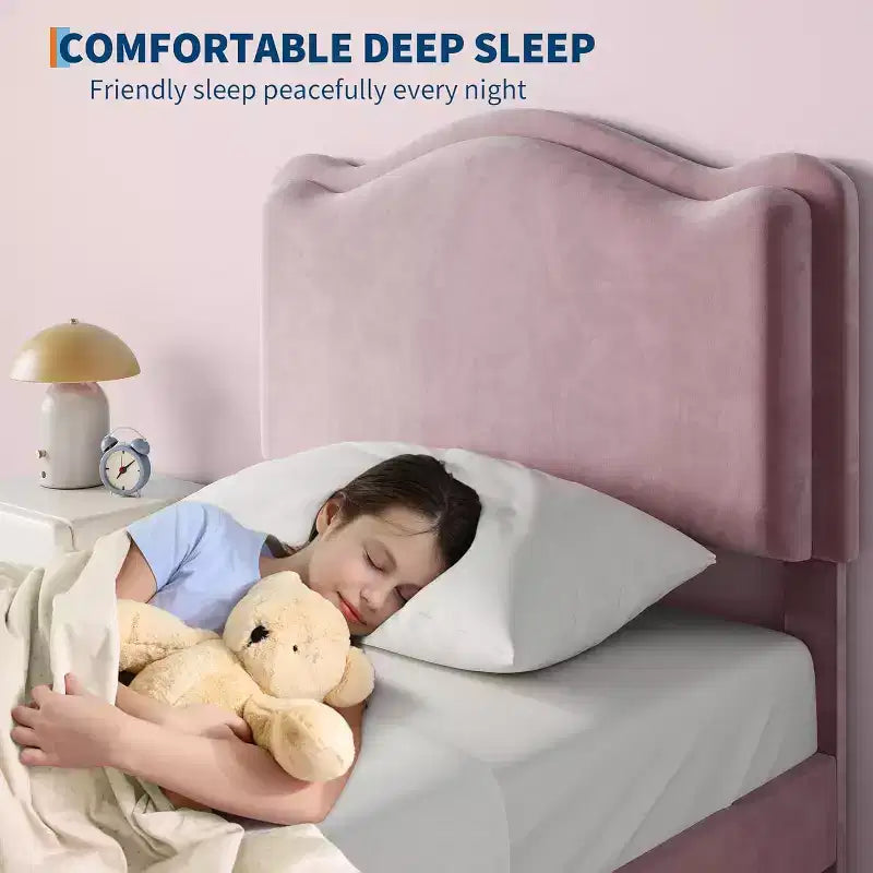 Telaio letto singolo imbottito con cassetto contenitore e testiera | Beige / Blu / Rosa | Per 1