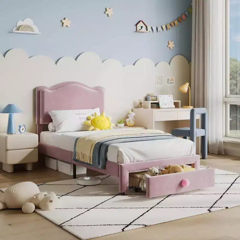 Telaio letto singolo imbottito con cassetto contenitore e testiera | Beige / Blu / Rosa | Per 1