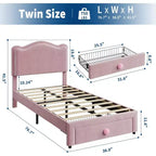 Telaio letto singolo imbottito con cassetto contenitore e testiera | Beige / Blu / Rosa | Per 1