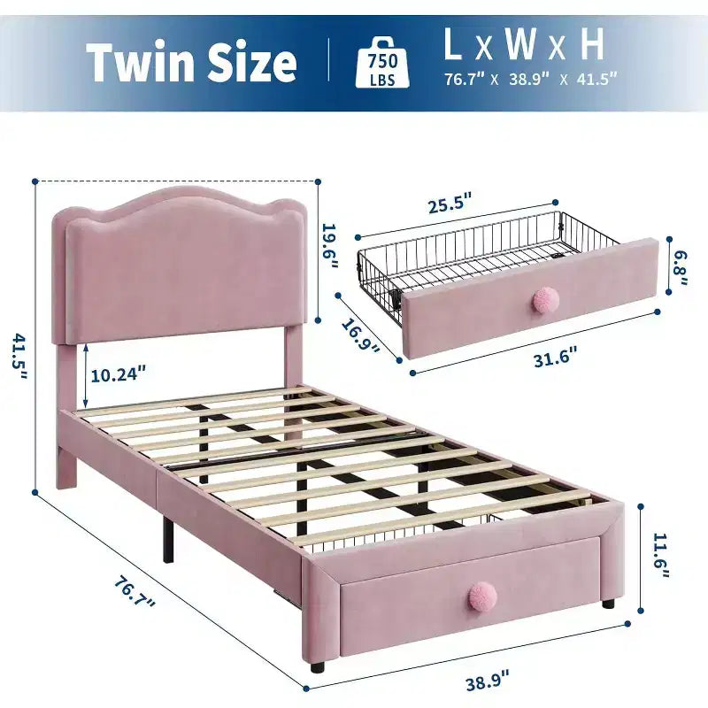 Telaio letto singolo imbottito con cassetto contenitore e testiera | Beige / Blu / Rosa | Per 1