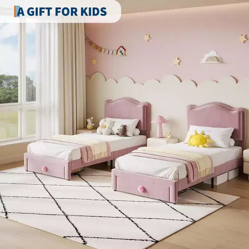 Telaio letto singolo imbottito con cassetto contenitore e testiera | Beige / Blu / Rosa | Per 1