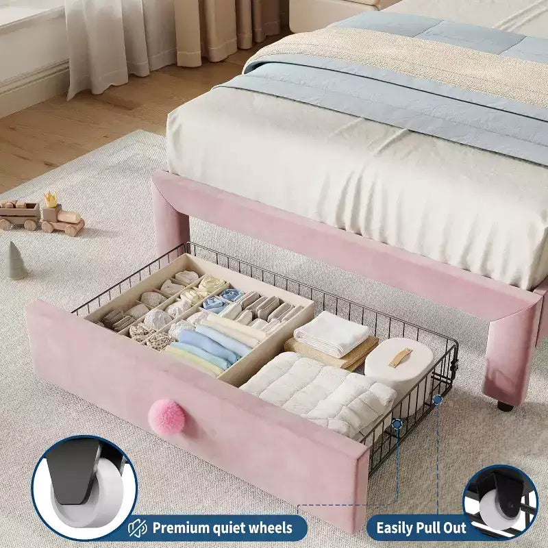 Telaio letto singolo imbottito con cassetto contenitore e testiera | Beige / Blu / Rosa | Per 1
