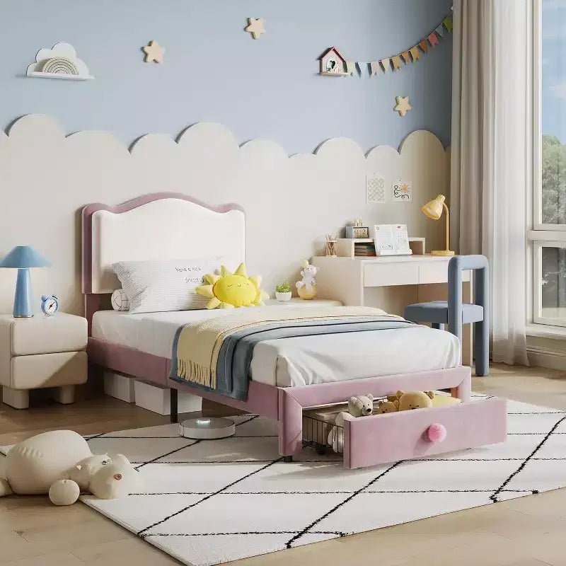 Telaio letto singolo imbottito con cassetto contenitore e testiera | Beige / Blu / Rosa | Per 1
