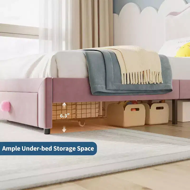 Telaio letto singolo imbottito con cassetto contenitore e testiera | Beige / Blu / Rosa | Per 1