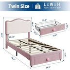Telaio letto singolo imbottito con cassetto contenitore e testiera | Beige / Blu / Rosa | Per 1