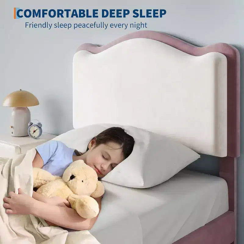Telaio letto singolo imbottito con cassetto contenitore e testiera | Beige / Blu / Rosa | Per 1