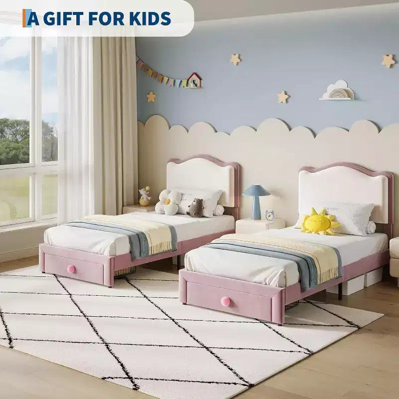Telaio letto singolo imbottito con cassetto contenitore e testiera | Beige / Blu / Rosa | Per 1