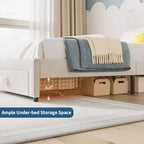 Telaio letto singolo imbottito con cassetto contenitore e testiera | Beige / Blu / Rosa | Per 1