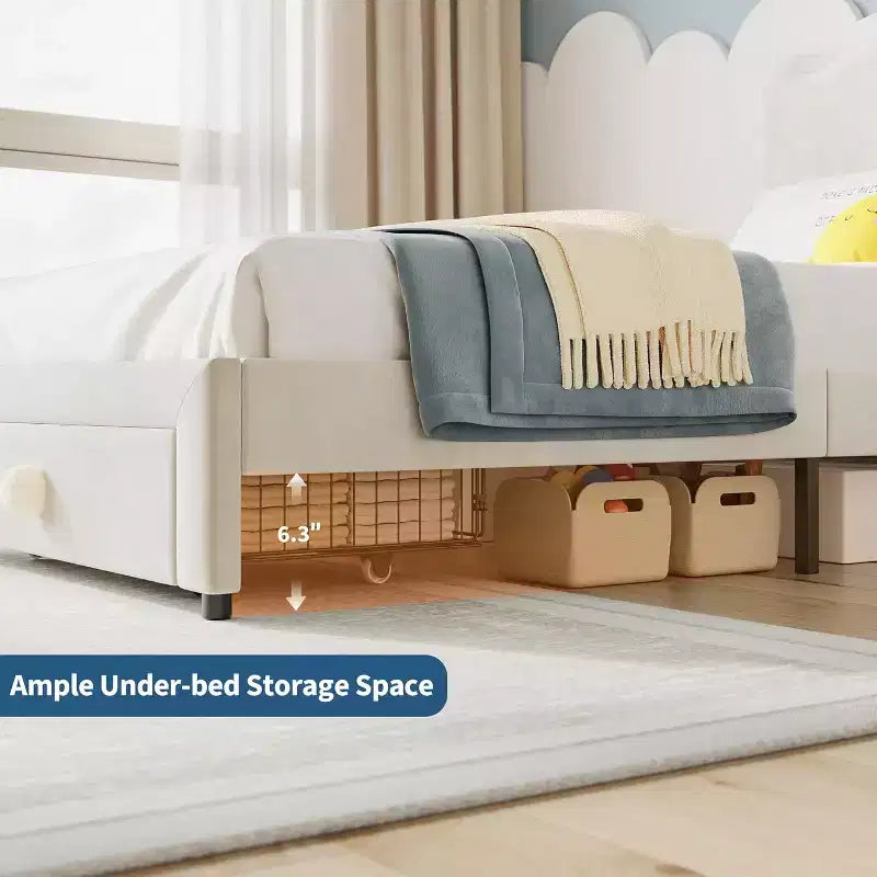 Telaio letto singolo imbottito con cassetto contenitore e testiera | Beige / Blu / Rosa | Per 1