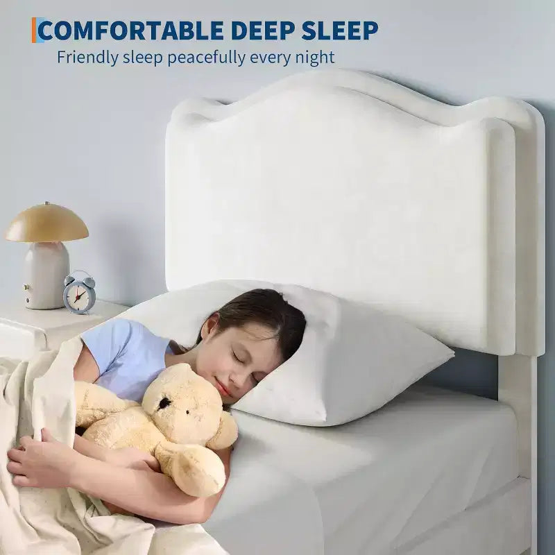 Telaio letto singolo imbottito con cassetto contenitore e testiera | Beige / Blu / Rosa | Per 1