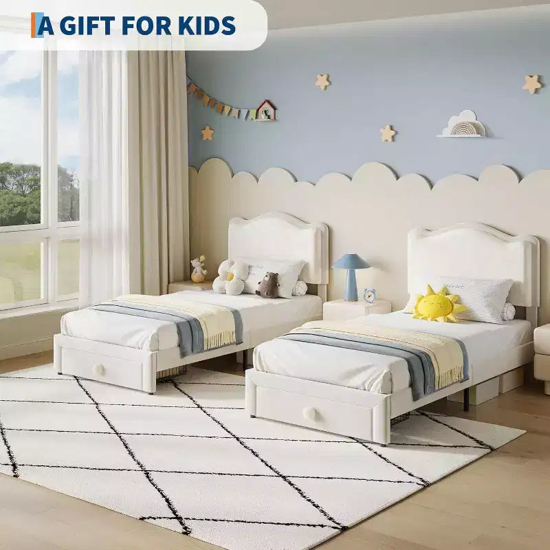Telaio letto singolo imbottito con cassetto contenitore e testiera | Beige / Blu / Rosa | Per 1