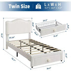 Telaio letto singolo imbottito con cassetto contenitore e testiera | Beige / Blu / Rosa | Per 1