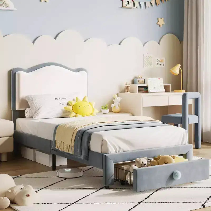 Telaio letto singolo imbottito con cassetto contenitore e testiera | Beige / Blu / Rosa | Per 1