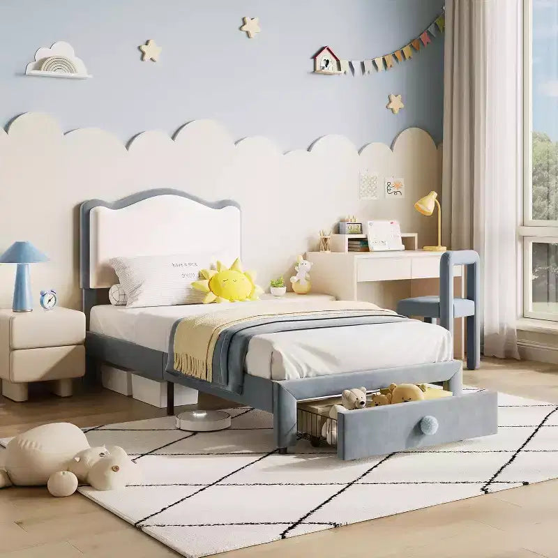 Telaio letto singolo imbottito con cassetto contenitore e testiera | Beige / Blu / Rosa | Per 1