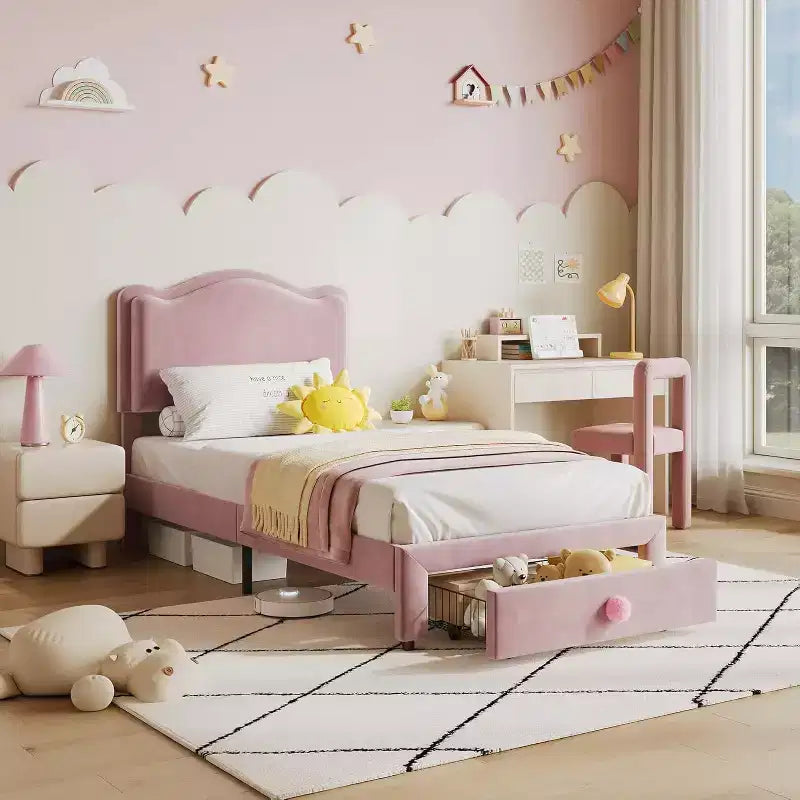 Telaio letto singolo imbottito con cassetto contenitore e testiera | Beige / Blu / Rosa | Per 1