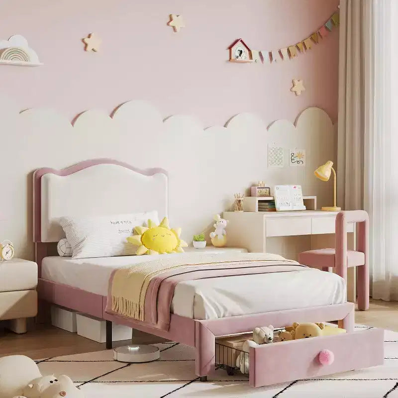 Telaio letto singolo imbottito con cassetto contenitore e testiera | Beige / Blu / Rosa | Per 1