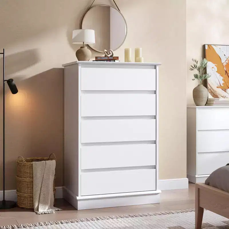 Cassettiera bianca a 5 cassetti, stile rattan, singola