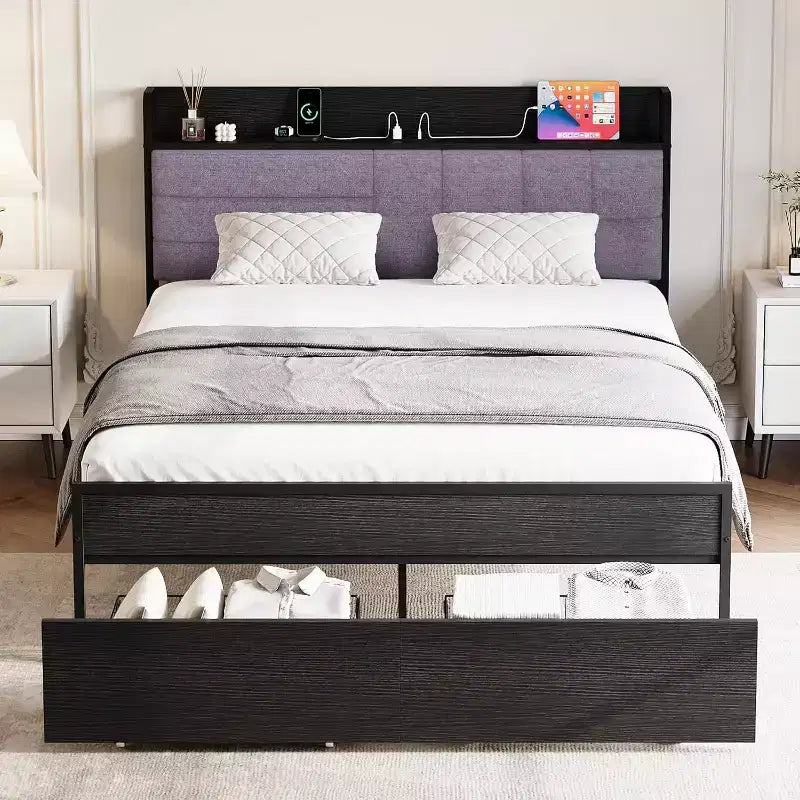 Queen Size Upholstered Bed Frame with Storage Drawers and Headboard, Black Platform Bed with Charging Station