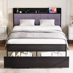 Queen Size Upholstered Bed Frame with Storage Drawers and Headboard, Black Platform Bed with Charging Station