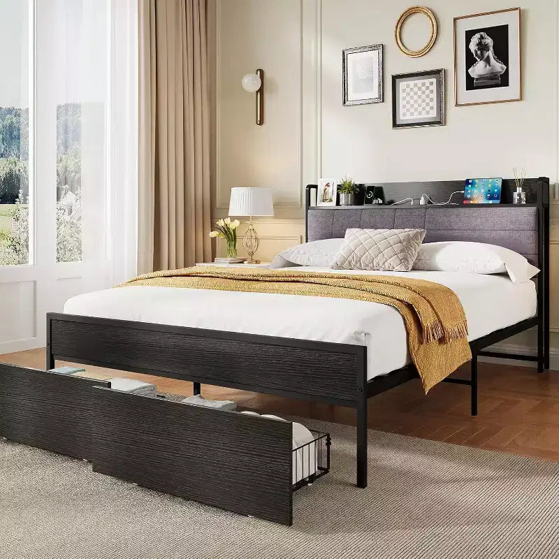 Letto matrimoniale Queen-Size nero con cassetti contenitore e testiera con stazione di ricarica, montaggio per 2 persone