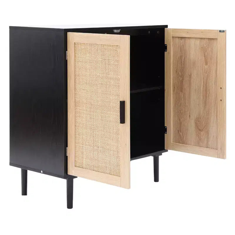Mobiletto di appoggio a 2 ante nero e marrone, stile moderno di metà secolo, assemblaggio per 1 persona