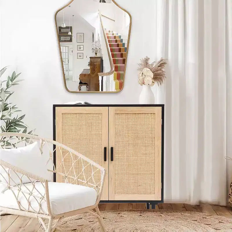 Mobiletto di appoggio a 2 ante nero e marrone, stile moderno di metà secolo, assemblaggio per 1 persona