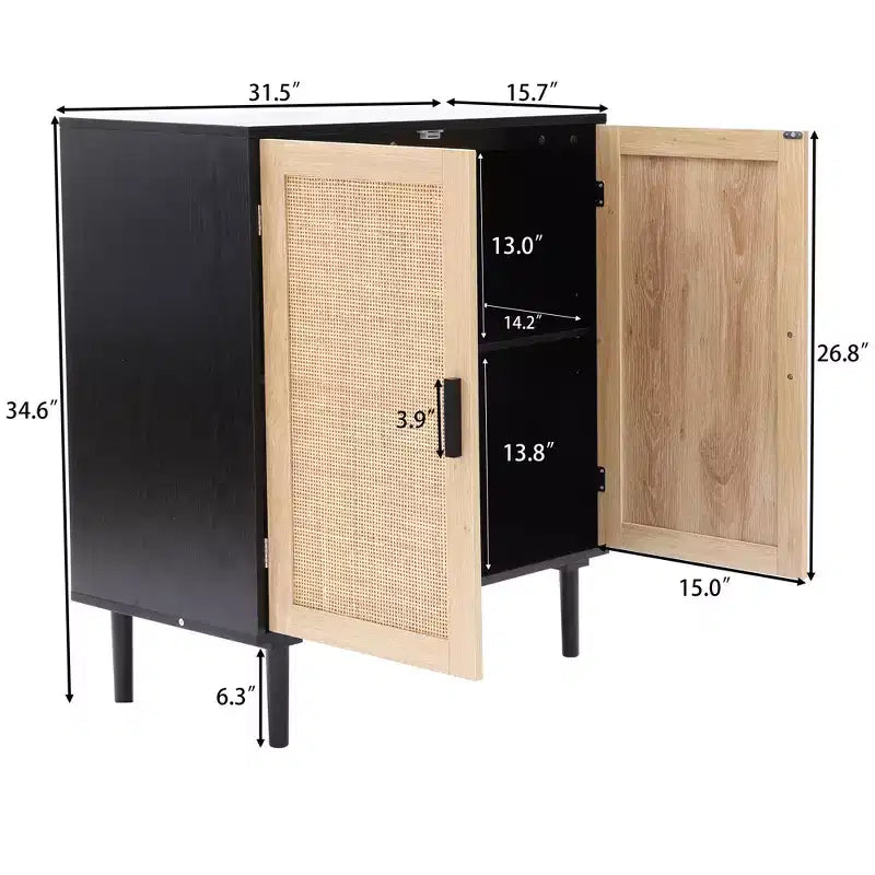 Mobiletto di appoggio a 2 ante nero e marrone, stile moderno di metà secolo, assemblaggio per 1 persona